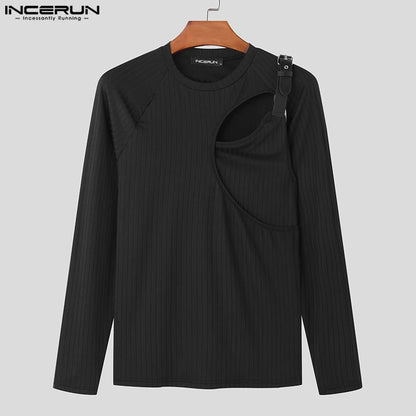 INCERUN Tops 2023 Korean Style Men's Fashion Metal Buckle Design T-shirts Casual Male Hollow O-neck Long Sleeved Camiseta S-5XL