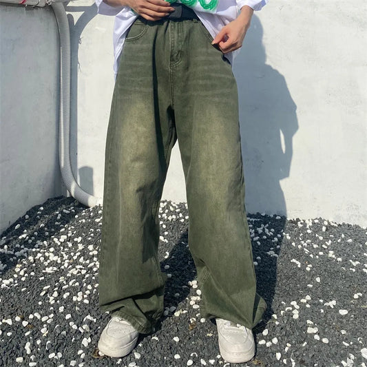 HOUZHOU Grüne Jeans Baggy Distressed Vintage Denim Hose Männer Wide Leg Pants Männer Streetwear Retro Oversize Casual Hip Hop