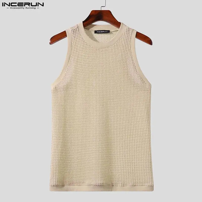 INCERUN Tops 2023 American Style Men Casual O-neck Breathable Mesh Tank Tops Stylish Male Solid All-match Sleeveless Vests S-5XL