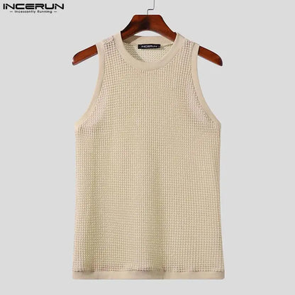 INCERUN Tops 2023 American Style Men Casual O-neck Breathable Mesh Tank Tops Stylish Male Solid All-match Sleeveless Vests S-5XL