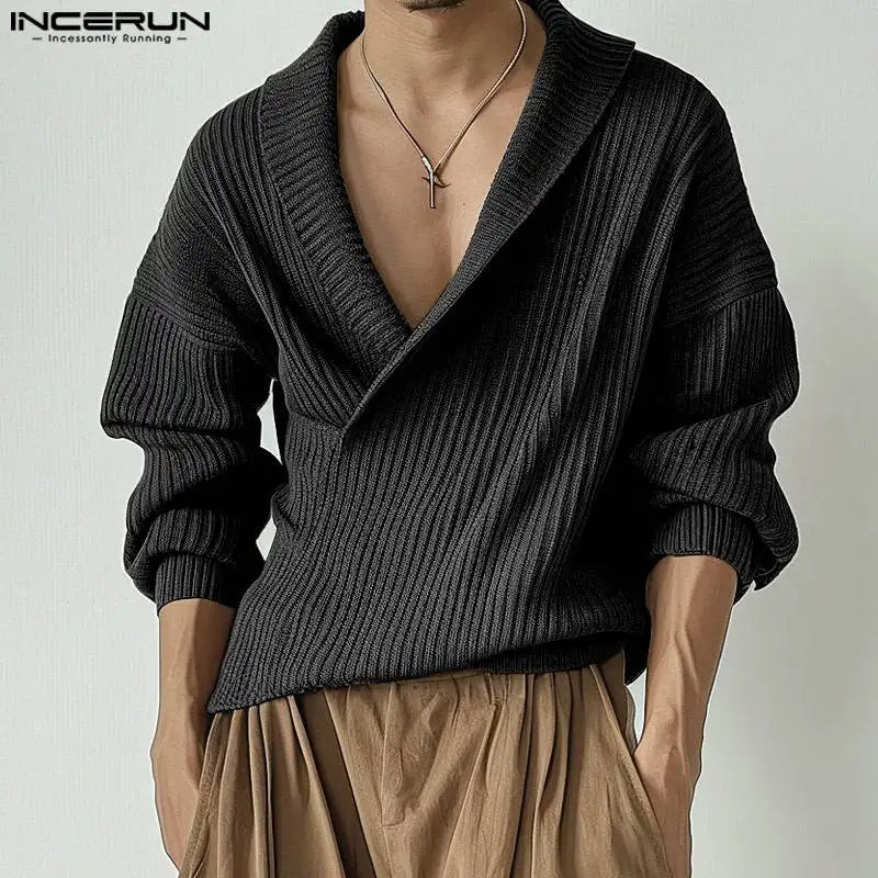 INCEUN Tops 2024 Fashionable Men's Knitted Pit Stripe Pullovers Casual Streetwear Male Solid Lapel Long Sleeved Sweaters S-5XL