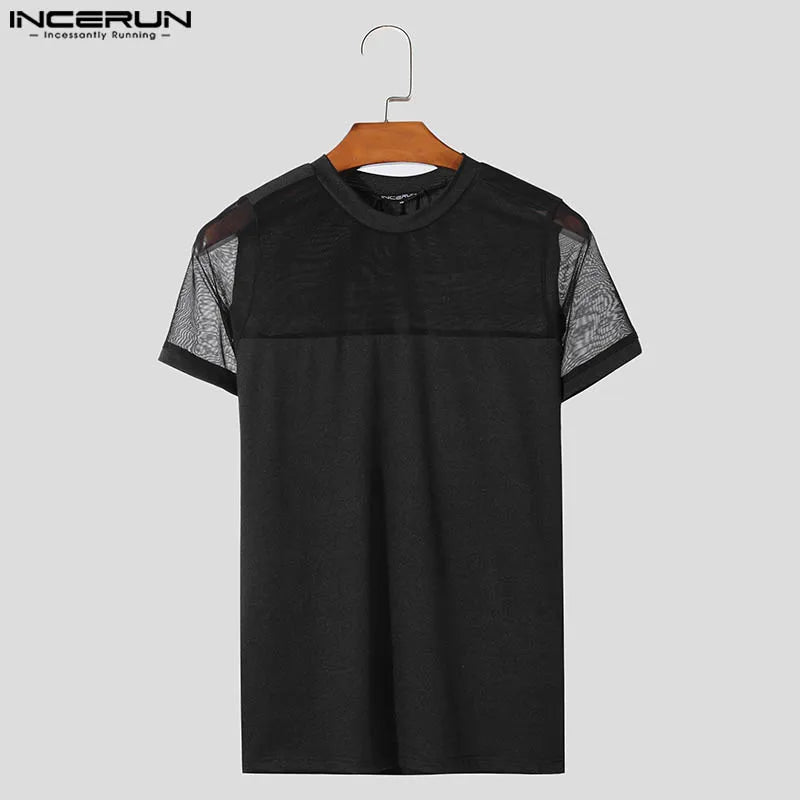 INCERUN Tops 2024 American Style Fashion Men Mesh Splicing Solid  T-shirts Casual Streetwear O-neck Short Sleeved Camiseta S-5XL