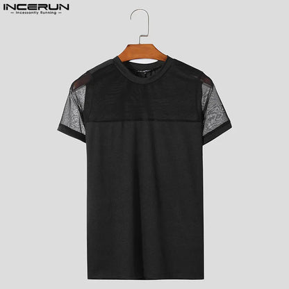 INCERUN Tops 2024 Amerikanischen Stil, Mode, Männer Mesh Spleißen Solide T-shirts Casual Streetwear Oansatz Kurzarm Camiseta S-5XL