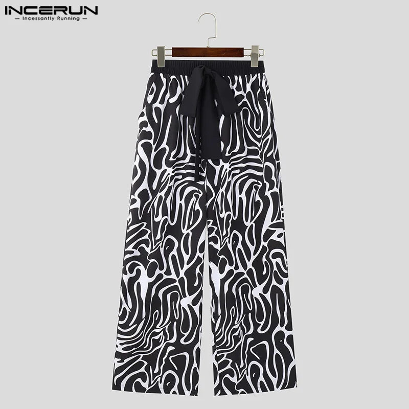 INCERUN 2024 Pantalons de style coréen pour hommes Simple Irrégulier Fluide Imprimé À Lacets Pantalon Long Décontracté Bien Ajusté Pantalon Homme S-5XL