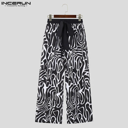 INCERUN 2024 Korean Style Pantalons Men Simple Irregular Fluid Printed Lace Up Long Pant Casual Well Fitting Male Trousers S-5XL