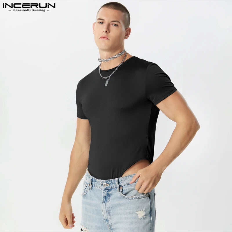 INCERUN 2023 Sexy Style New Men Jumpsuits Short Sleeved Solid Comfortable Bodysuits Fashion O-neck Design Triangle Rompers S-5XL