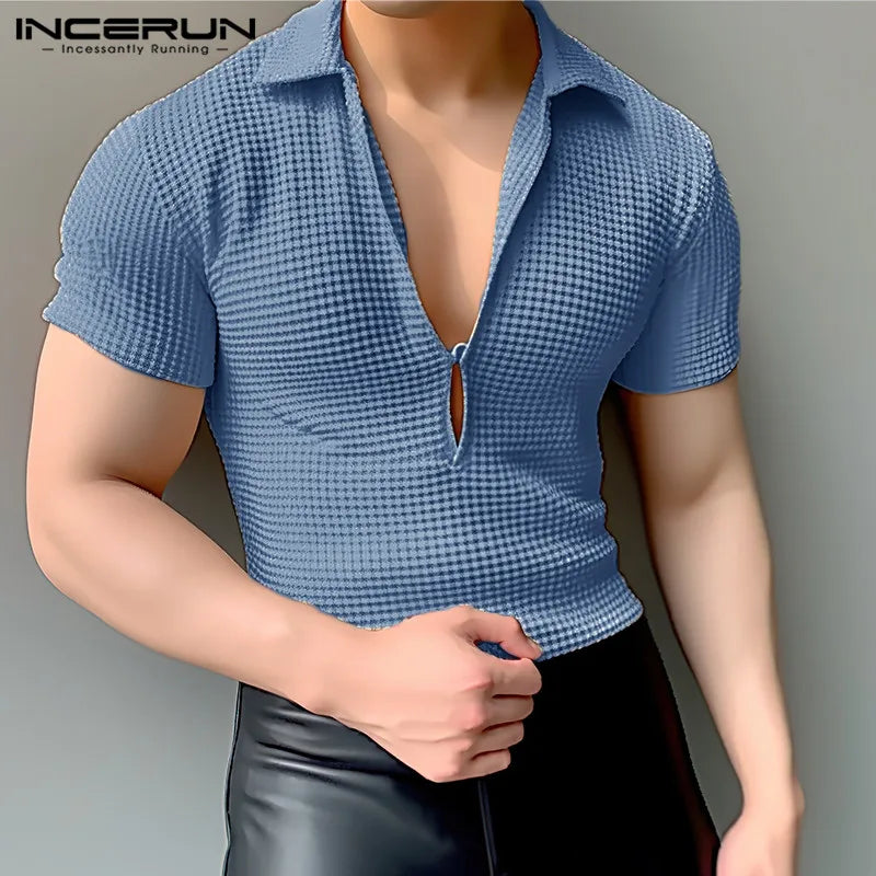 INCERUN Tops 2024 Korean Style Fashion Mens Texture Deep V Design T-shirts Casual Streetwear Short Sleeve Knitted Camiseta S-5XL