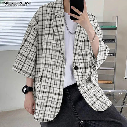 Nouveaux hauts pour hommes INCERUN 2024 Design à carreaux à la mode Manteaux de costume amples Homme Casual Streetwear Blazer à manches mi-longues S-5XL