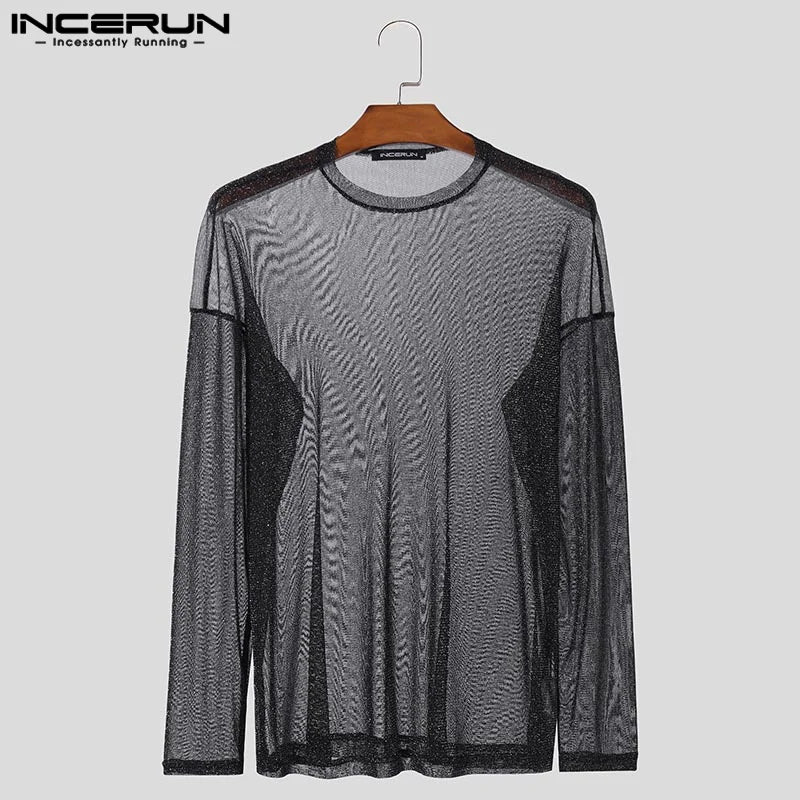 Fashion Clubwear Style Tops INCERUN 2024 Men's Perspective Mesh T-shirt Sexy Casual Thin Flash Fabric Long Sleeve Camiseta S-5XL