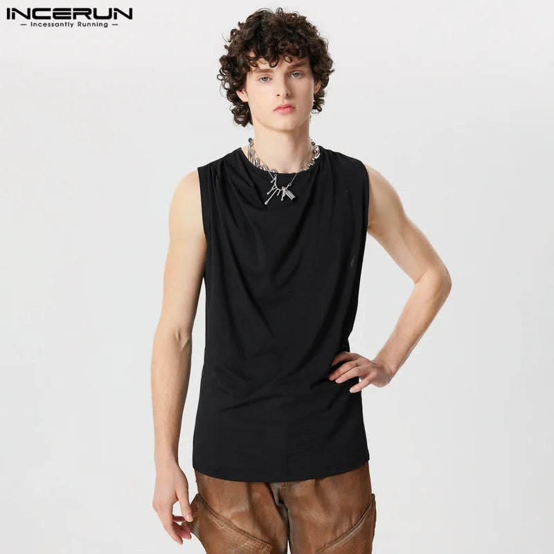 INCERUN Tops 2024 Style américain Nouveau design plissé pour hommes Gilets simples solides Loisirs Streetwear Hommes Vente chaude Débardeurs S-5XL