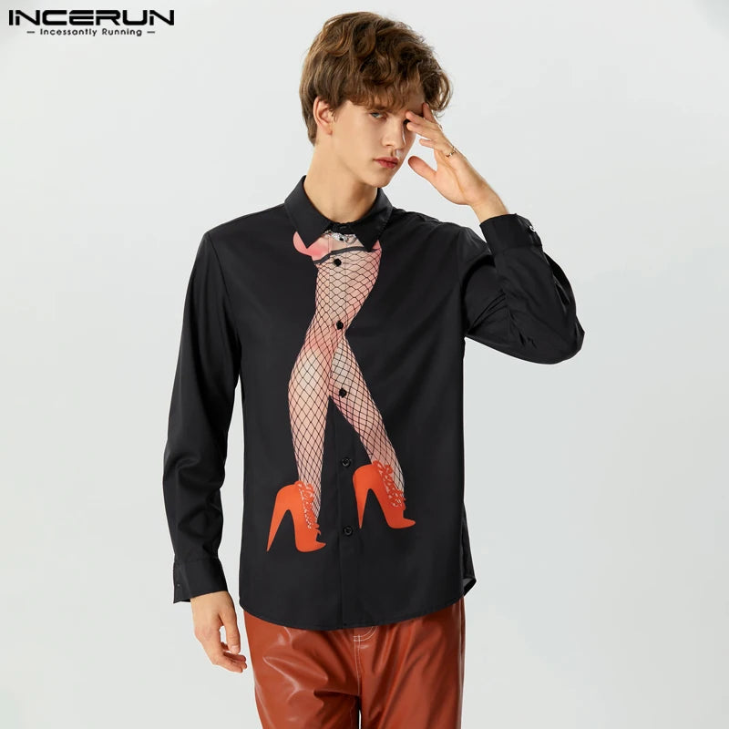 INCERUN Tops 2023 Style américain Beau Hommes Abstrait Imprimé Chemises Décontracté À La Mode Homme À Manches Longues Revers Chemisier S-5XL