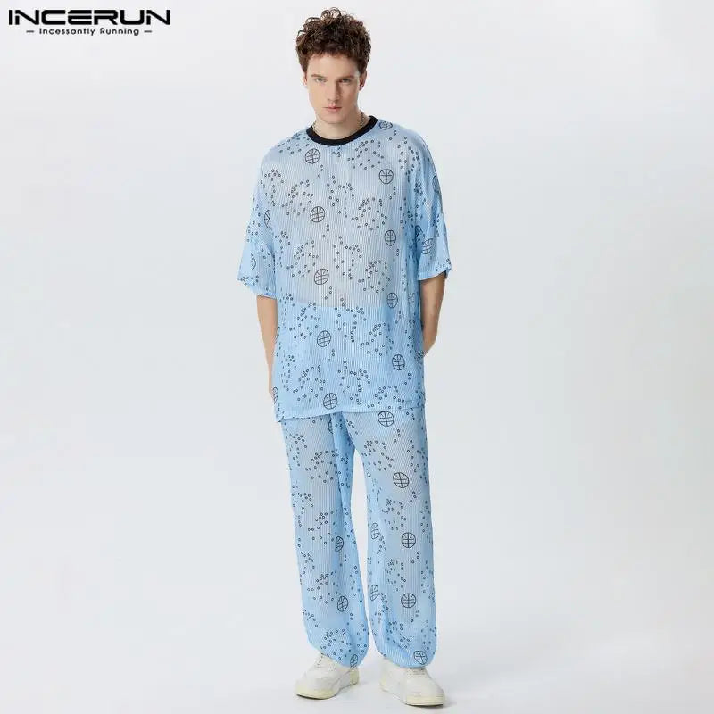 INCERUN Men Clothing Fashion Men's Sets Print Seven Quarter Sleeves Sets 2PCS Transparent T-shirts Long Pants Male Suits