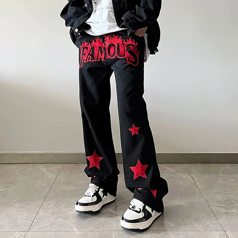 HOUZHOU Y2K Jeans Men Embroidery Denim Pants Star Red Print Black Trousers Male Streetwear Hip Hop Casual Vintage Plus Size 4XL