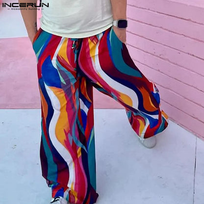 INCERUN 2024 American Style Trousers Stylish New Men Colorful Fluid Printed Striped Pant Leisure Streetwear Male Pantalons S-5XL