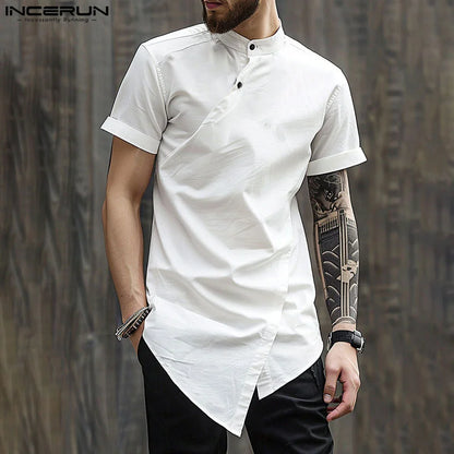 Fashion Casual Style Tops INCERUN New Men's Slanted Placket Irregular Hem Shirts 2024 Male Stand Neck Short Sleeved Blouse S-5XL