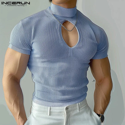 INCERUN Men T Shirt Turtleneck Short Sleeve Hollow Out Solid Color Skinny Men Clothing Streetwear Knitted Summer 2024 Tee Tops