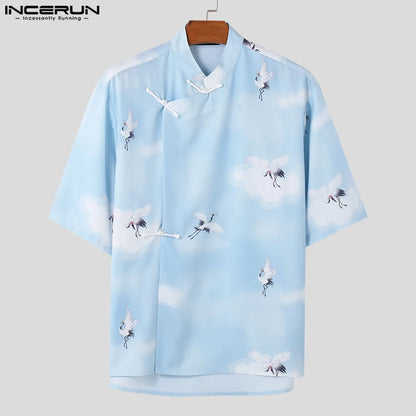 Handsome Well Fitting Tops INCERUN Men Crane Print Buckle Design Shirts Summer Casual Male Stand Neck Short Sleeved Blouse S-5XL