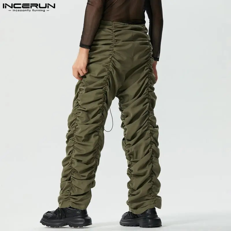 INCERUN 2023 American Style Men's Pantalons Fashion Drawstring Design Trousers Casual Streetwear Solid Pleated Long Pants S-5XL