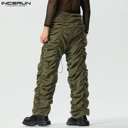 INCERUN 2023 Herren Pantalons im amerikanischen Stil Mode Kordelzug Design Hose Casual Streetwear Solide Plissee Lange Hosen S-5XL