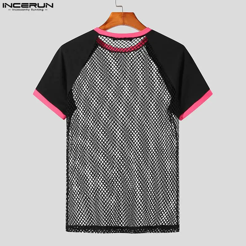 INCERUN Tops 2024 Amerikanischer Stil Neue Herren Durchsichtige Mesh Patchwork Gestreifte T-Shirts Sexy Enge Raglanärmel Dünne T-Shirts S-5XL