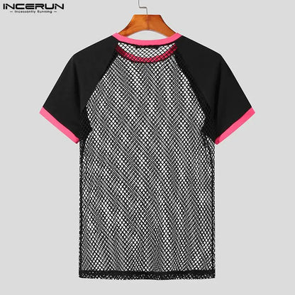 INCERUN Tops 2024 American Style New Men's See-through Mesh Patchwork Striped T-shirts Sexy Tight Raglan Sleeve Thin Tees S-5XL