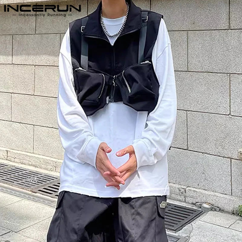 INCERUN Summer Autumn Men Vests Fashion Waistcoats Sleeveless Streetwear Cargo Loose Pockets Oversized Solid Zipper Men Clothing