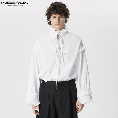 Stylish Well Fitting Tops INCERUN Men Solid Double-layer Cuffs Lace Up Shirt Handsome Male V-neck Long Sleeved Blouse S-5XL 2024