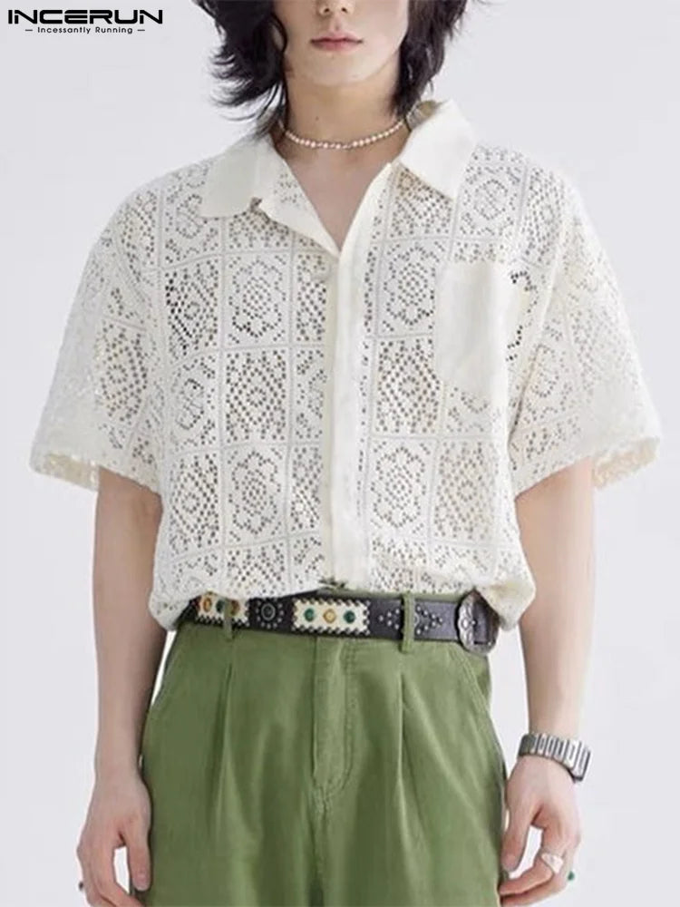 Fashion Casual Style New Men's Tops INCERUN Hollow Lace Pane Flower Printed Blouse Male Knitted Short-sleeved Shirts S-5XL 2023