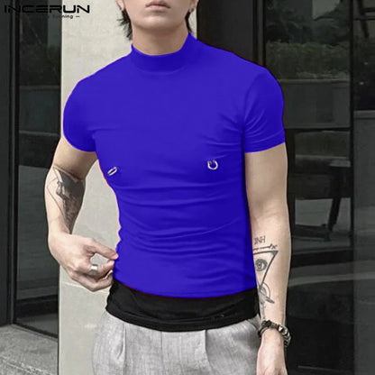 INCERUN Tops 2024 Sexy Men's Half High Neck Mesh Loop Buckle Design T-shirts Casual Male Solid Short Sleeve Tight Camiseta S-5XL