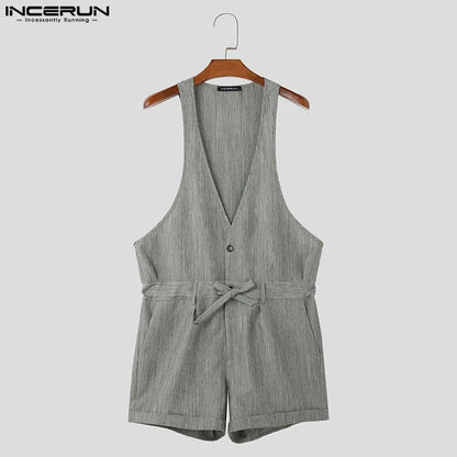 INCERUN 2024 Strampler im amerikanischen Stil Sexy Neue Männer Zweifarbige tiefe V-ärmellose Overalls Casual Clubwear Männliche feste Bodys S-5XL