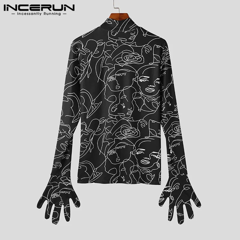 Fashion Personality New Men Tops INCERUN Art Abstract Face Pattern T-shirts Casual Streetwear Thimble Long Sleeve Camiseta S-3XL