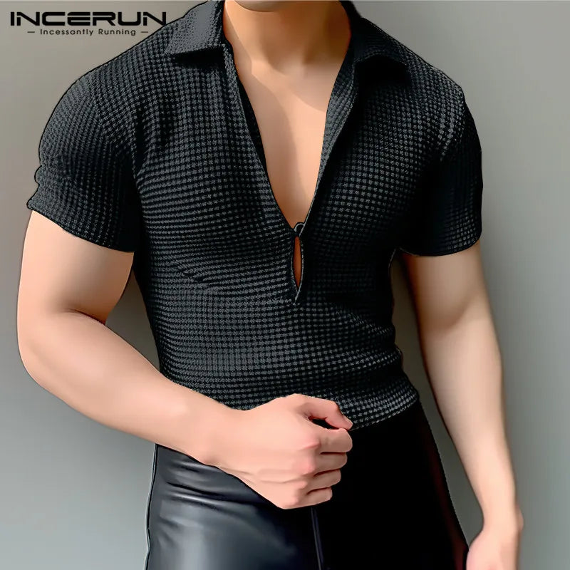 INCERUN Tops 2024 Korean Style Fashion Mens Texture Deep V Design T-shirts Casual Streetwear Short Sleeve Knitted Camiseta S-5XL