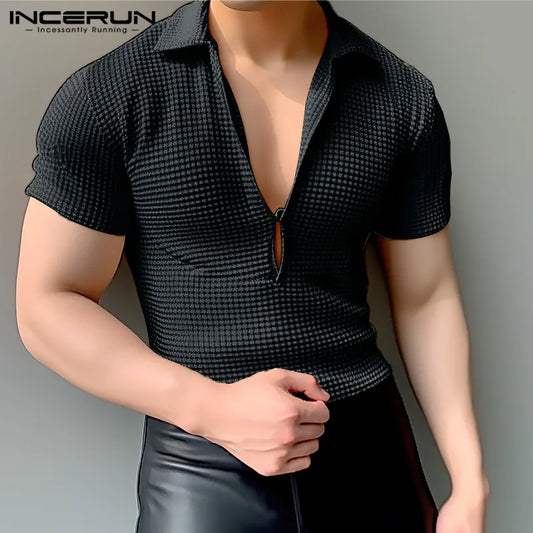 INCERUN Tops 2024 Style Coréen Mode Hommes Texture Profond V Conception T-shirts Décontracté Streetwear Manches Courtes Tricoté Camiseta S-5XL