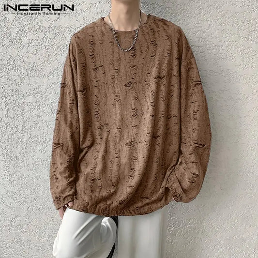 INCERUN Tops 2024 Korean Style Handsome Men's Casual Solid Texture T-shirts Fashion Streetwear Male Long Sleeved Camiseta S-5XL