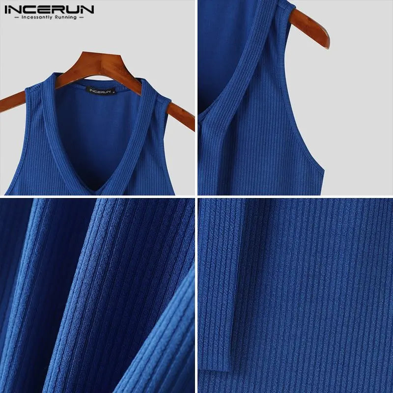 INCERUN Tops 2024 Korean Style New Men's Knitted Pit Tie Collar Design Vests Casual Streetwear Solid Sleeveless Tank Tops S-5XL