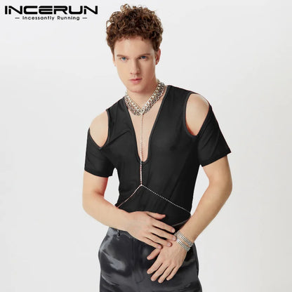 INCERUN Tops 2024 Korean Style Sexy Men Mesh Elastic Shoulder T-shirts Fashion Hot Sale Thin V-neck Short Sleeved Camiseta S-5XL