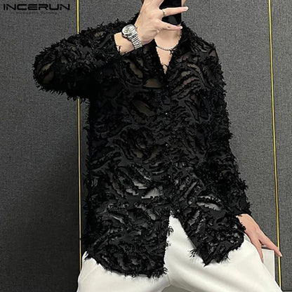 INCERUN Tops 2024 Korean Style Men's Hollow Plush Tassels Perspective Design Shirts Casual Streetwear Long Sleeved Blouse S-5XL