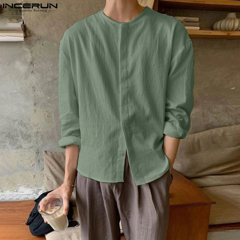 INCERUN Tops 2024 Korean Style Men's Simple Solid Pleated Shirts Casual Streetwear Male Summer O-neck Long Sleeved Blouse S-5XL