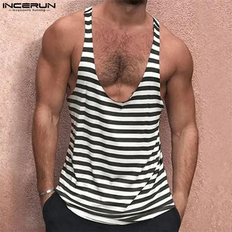 INCERUN Tops 2024 Style américain Hommes Noir et Blanc Rayé Simple Design Gilets Été Décontracté Streetwear Sans Manches Débardeurs S-5XL