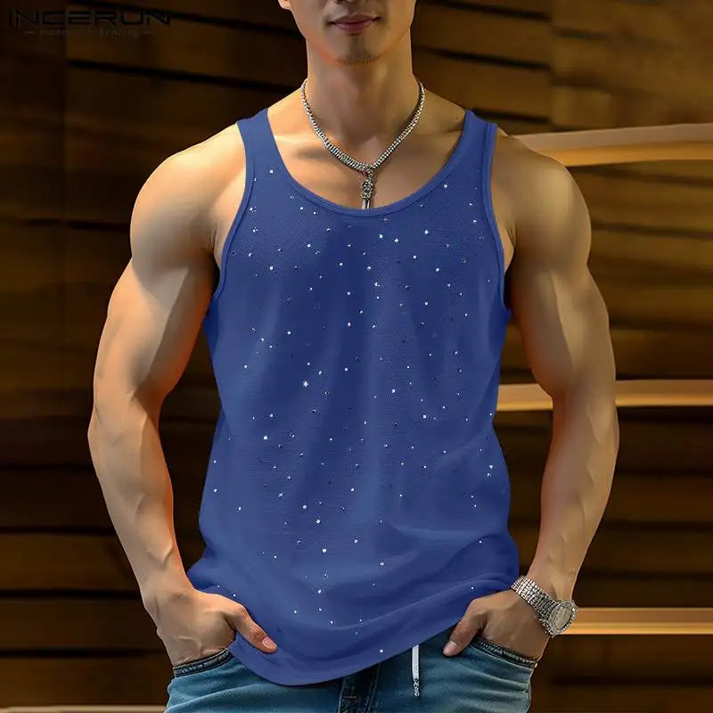 Fashion Casual Style Tops INCERUN 2024 New Men Sparkling Slightly Transparent Vests Summer Streetwear Sleeveless Tank Tops S-5XL