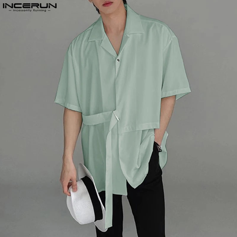 Handsome Well Fitting Tops INCERUN Men's Ribbon Design Lapel Shirts Casual Streetwear Male Solid Short Sleeved Blouse S-5XL 2024