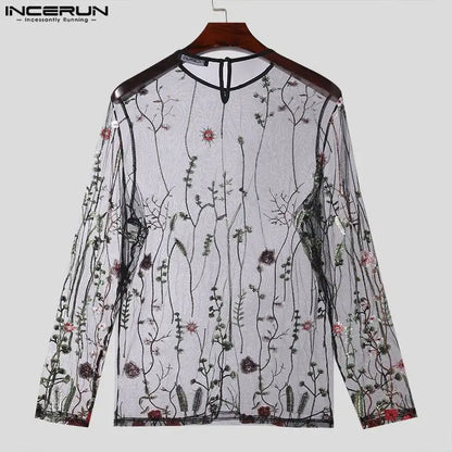 INCERUN Tops 2024 American Style Fashion Men Perspective Mesh Print Pattern T-shirt Sexy Thin O-neck Long Sleeved Camiseta S-5XL