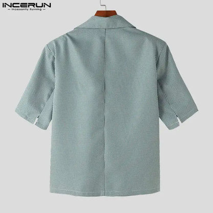 INCERUN Tops 2024 Korean Style New Men's Fashion Plaid Design Suit Coats Casual Streetwear Male Lapel Short Sleeved Blazer S-5XL