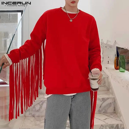 INCERUN Tops 2024 Korean Style New Men's Red Tassel O-neck Design Camiseta Stylish Hot Selling Male Long Sleeved T-shirts S-5XL