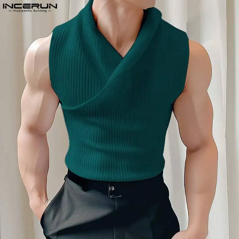 2024 Men Tank Tops Solid Color V Neck Sleeveless Knitted Casual Male Vests Streetwear Summer Fashion Men Clothing S-5XL INCERUN