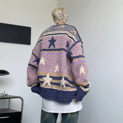 HOUZHOU Y2K Star Sweater Men Harajuku Striped Knitted Pullovers Jumpers Male Tops Oversize Purple Winter Streetwear Hip Hop