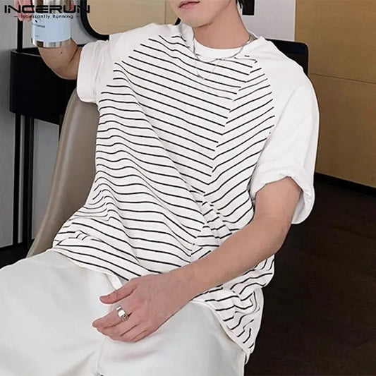 INCERUN Tops 2024 Korean Style Fashion Men's Striped Knitted Splicing T-shirts Summer Casual Short Sleeved O-neck Camiseta S-5XL