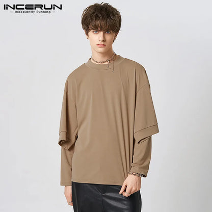 Handsome Well Fitting Tops INCERUN Mens Sleeve Dual Wear Design T-Shirts Casual Streetwear Male Solid Long Sleeve Camiseta S-5XL