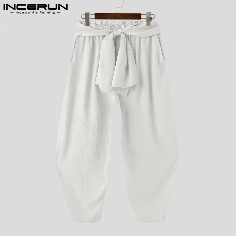 INCERUN 2024 American Style Trousers Fashion Men's Solid Strap Design Long Pants Casual Streetwear Male Wide Leg Pantalons S-5XL