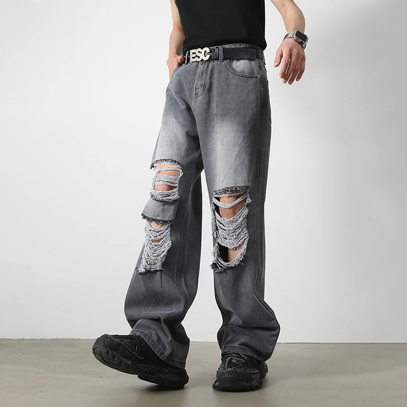 HOUZHOU Harajuku Ripped Jeans Men Wide Leg Pants Oversize Hip Hop Darkwear Denim Trousers Male Casual Japanese Streetwear Hole